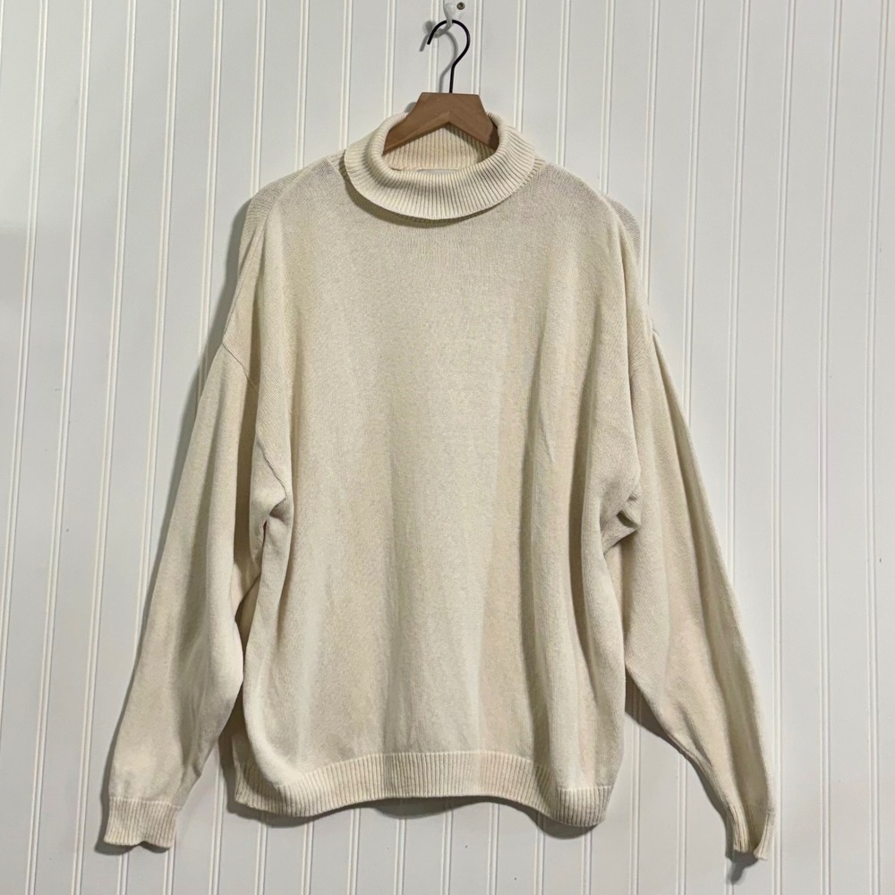 Chelsea Gardens Vintage 90s XL Cream Cotton Knit Turtleneck Sweater Made in USA